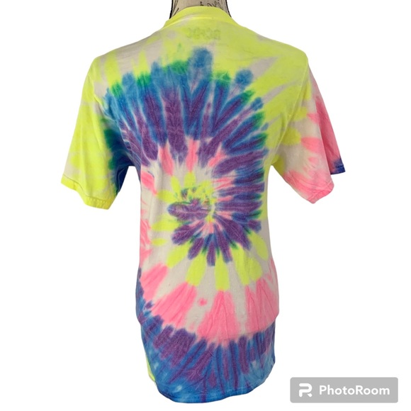 ACDC Band Tie Dye Graphic Crew Neck Unisex Tee Shirt Pink Blue Yellow Small - Picture 7 of 8